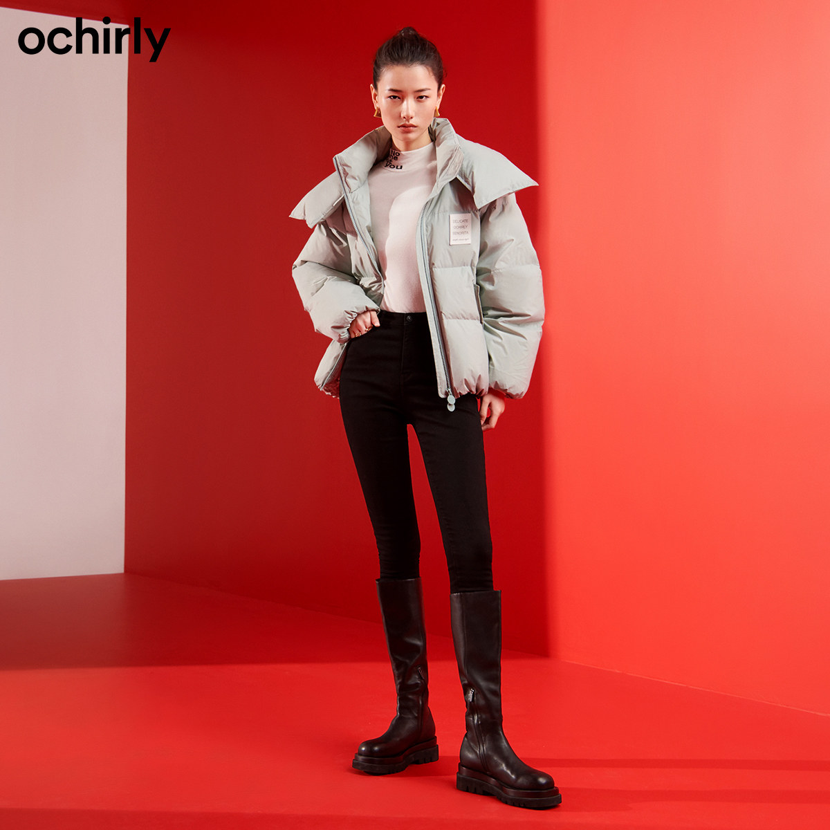 2件9折欧时力2021新款冬装字母皮牌 ochirly羽绒服