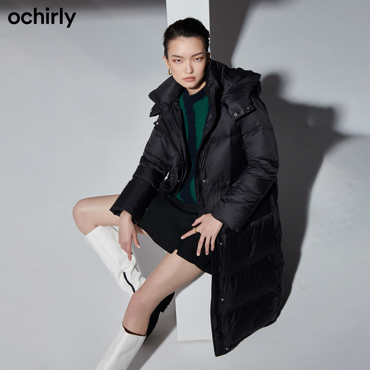 2件9折欧时力2021新款冬装抽绳连帽 ochirly羽绒服