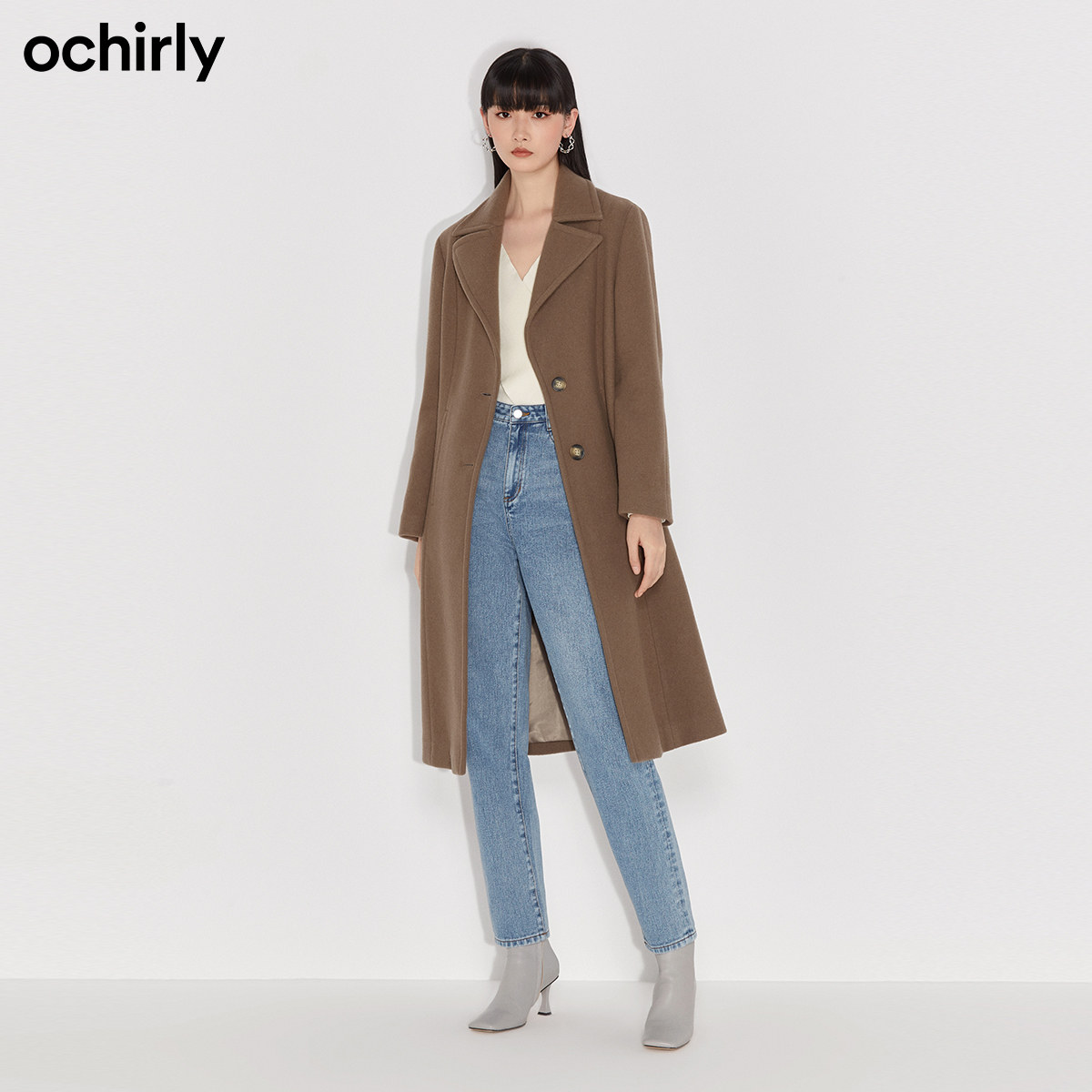 直降欧时力2021新款冬装驳领长款 ochirly毛呢外套