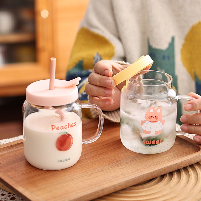 吃个桃子！原创耐热玻璃吸管杯 ins大肚杯水杯牛奶杯饮料奶茶杯子