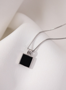 银尊s925黑色方块吊坠项链冷淡风设计感小众项链时尚百搭网红气质