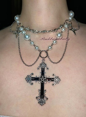 pinkbankbaby原创自制复古y2k巴洛克小众十字架设计感珍珠项链女