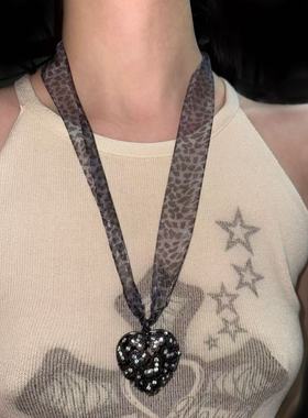原创自制y2k手作小众个性复古网纱豹纹爱心镂空锁骨链长款项链女