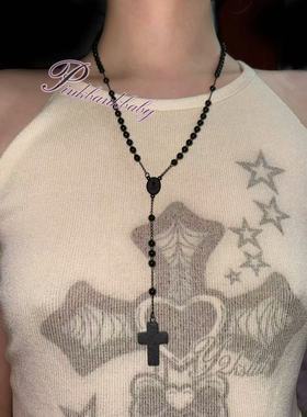 PinkBankbaby原创自制暗黑朋克个性钛钢十字架火山石吊坠长款项链