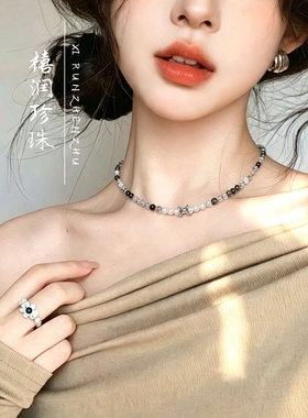 天然黑发晶搭配天然珍珠项链女小众复古经典百搭高级感银饰锁骨链