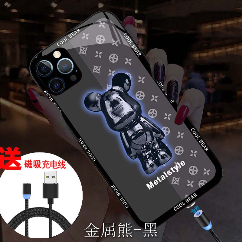 适用新款苹果15promax来电闪声控发光 iphone13手机壳14P会发光11pro布偶熊xsmax12来电闪磁砐充电玻璃手机壳