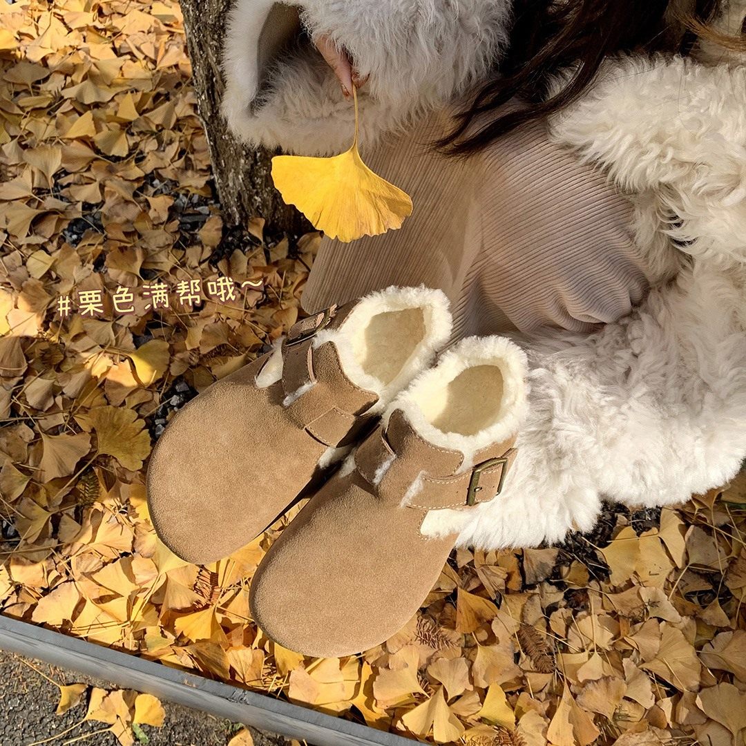 现货秒发~葡萄妈真皮版本~复古真皮内增高毛毛勃肯单鞋女包头半拖,淘宝优惠券,粉丝福利购,淘宝优惠卷