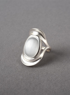 OAAS 小众设计师品牌 面纱镶嵌猫眼石月光石开口可调节戒指高级