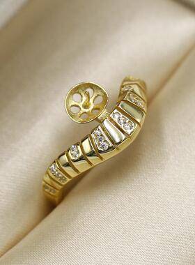 DIY珍珠配件S925银法老戒指空托金色银色背镶版银饰托 配8-12mm圆