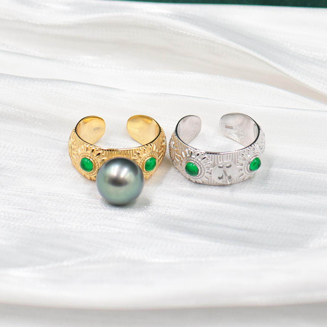 DIY Pearl Accessories New S925 Sterling Silver Light Luxury Green Zirconium Boho Style Ring Empty Holder 8-12mm