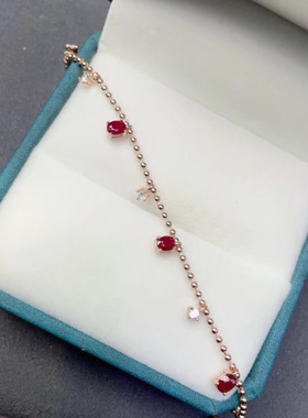 天然老烧红宝石手链s925纯银镶嵌宝石简约时尚手链女