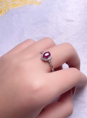 天然老烧红宝石戒指s925纯银镶嵌宝石活口可调节指环女