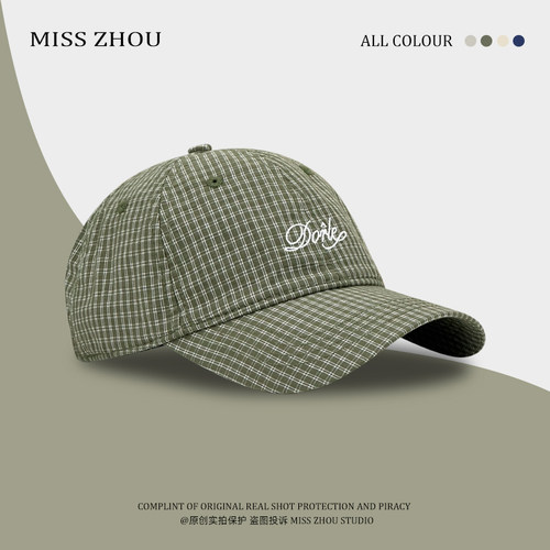 韩国新款格子字母刺绣鸭舌帽子男女夏季百搭宽檐软顶棒球帽显脸小 - 图0