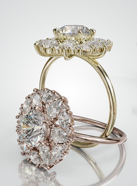 18K金圆形主石双层繁花群镶戒指