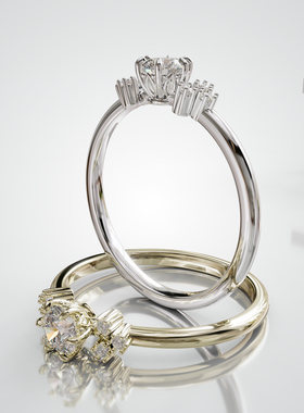 18K 金圆形主石羽翼碎宝伴镶戒轻奢小众设计婚戒可定制百搭食指戒