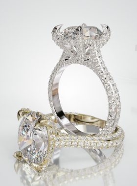 18K金椭圆主石四爪分排满镶戒轻奢小众设计婚戒可定制百搭食指戒