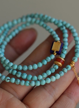 中国风天然原矿松石多圈正宗湖北松搭配纯银鎏金镶嵌青金石南红