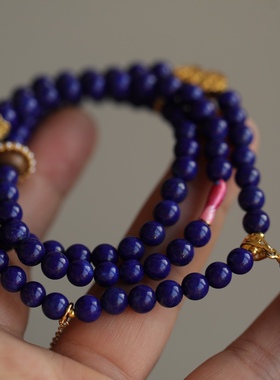 高端定制高贵蓝天然青金石多圈配纯银鎏金珐琅彩小鱼沉香珍珠松石