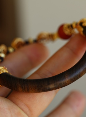 古风款天然沉香半镯纯银鎏金镶嵌搭配碧玉南红和田玉青金石珐琅彩