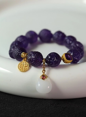 紫水晶纯银鎏金紫牙乌和田玉手链