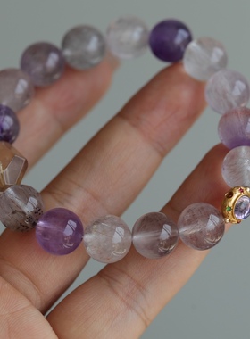 高端定制天然超七水晶手链配纯银鎏金镶嵌紫水晶配饰紫黄水晶随形