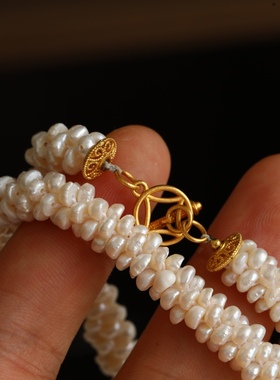 纯手工编织天然珍珠项链搭配纯银鎏金镶嵌海蓝宝蝴蝶老金质感OT扣