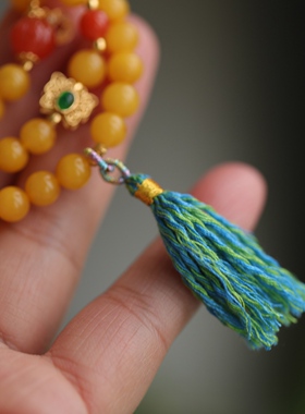 高端定制天然鸡油黄蜜蜡多圈搭配鎏金蝴蝶配饰钱币吊坠手工流苏63