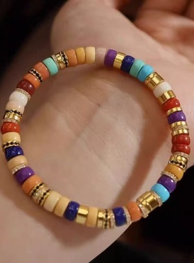 多宝彩虹手链纯银925天然青金石紫云母缅白缅黄南红缅粉天然绿松