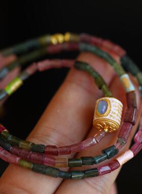 高端定制天然碧玺直管长链成色晶体都很美珐琅彩财神直管紫水晶坠