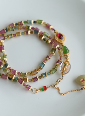 天然碧玺随形多圈晶体成色都很美配纯银鎏金镶嵌紫牙乌白水晶碧玉