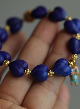 高端定制天然青金石爱心屁桃手链搭配松石配饰纯银鎏金珐琅彩小马