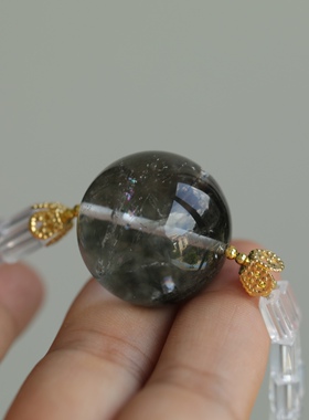 天然绿幽灵大单珠配天然白水晶直管双层设计项链纯银鎏金镶嵌碧玺