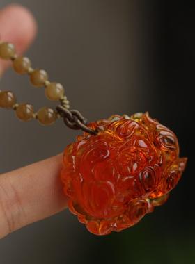 孤品天然蜜蜡精雕牡丹花吊坠配天然和田玉糖料手工绳长链松石南红