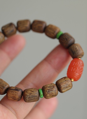 复古风天然沉香枣珠手链搭配天然南红精雕回纹桶珠金钱松隔片63