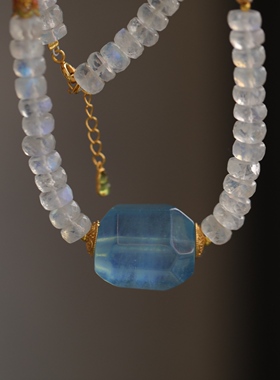 高端定制天然海蓝宝桶珠超美梦幻的蓝搭配天然月光石盘珠项链63