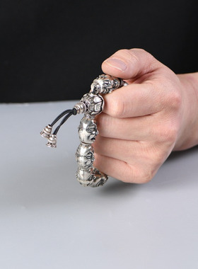 S925纯银手串复古做旧莲花佛头三通十八罗汉纯银手链男款珠串