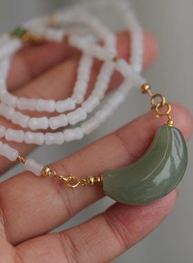 天然和田玉弯管搭配天然和田玉羊脂玉竹节项链纯银鎏金镶嵌翡翠63