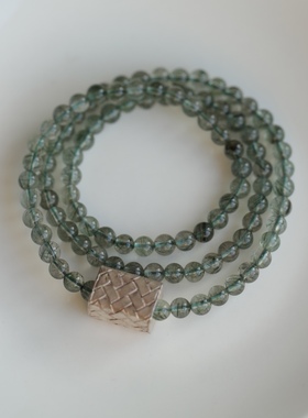 高端定制天然绿发晶多圈老银方块正宗纯银简约大气手链项链两用款