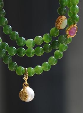 高端定制天然碧玉多圈精美无黑点的品质冰透配纯银鎏金镶嵌碧玺63