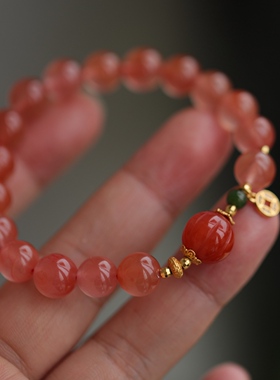 小精品天然南红手链搭配天然南红南瓜珠纯银鎏金配饰63