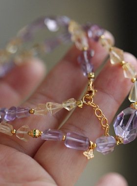 天然紫水晶黄水晶磨面随形项链超美的全净体满满的高级感63