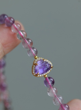 天然超七水晶多圈搭配纯银鎏金镶嵌紫水晶精雕弥勒佛配饰简约大气