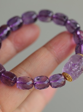 高端定制天然巴西紫水晶磨面枣珠手链通透又成色浓郁的紫简约大气