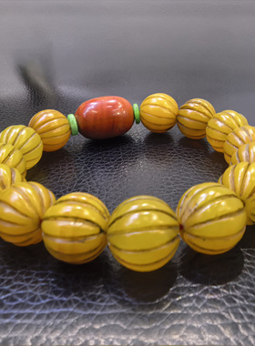 孤品黄色南瓜珠老玛瑙搭配天然红石天然翡翠手链复古有韵味
