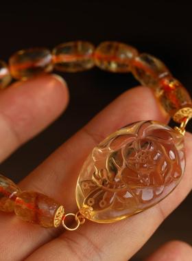 孤品高端定制天然黄水晶精雕莲花牌巴西黄搭配天然黄水晶磨面枣珠