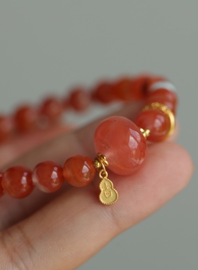 天然南红手链正宗川料搭配南红苹果珠松石隔片纯银鎏金转运环葫芦