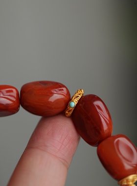高端定制天然南红随形手链搭配南红精雕仿古葫芦纯银鎏金转运环63