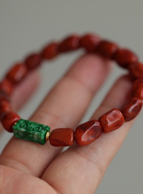 高端定制天然南红随形手链超美火焰纹搭配天然翡翠回纹桶珠川料63