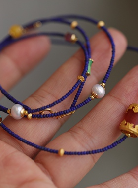 天然青金石项链超美的小米珠手工打磨天然淡水珍珠蜜蜡碧玺松石63
