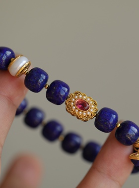 天然青金石老性质手链搭配纯银鎏金镶嵌青金石吊坠红刚玉配饰超美
